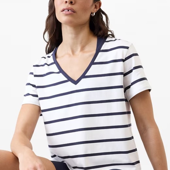 Athleta Tops - Athleta Size M Striped V Neck Tee White Navy Short Sleeve Top